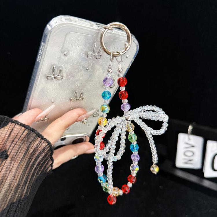Corrente para telemóvel com contas coloridas e laço caprichoso, estilo conta fotocromática, estilo duplo laço