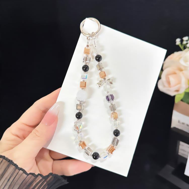 Corrente para telemóvel com cubo holográfico de cristal preto brilhante com laço, rosa, dourado