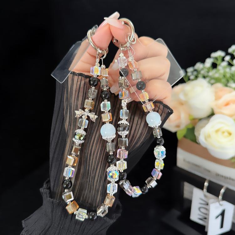 Corrente para telemóvel com cubo holográfico de cristal preto brilhante com laço, rosa, dourado