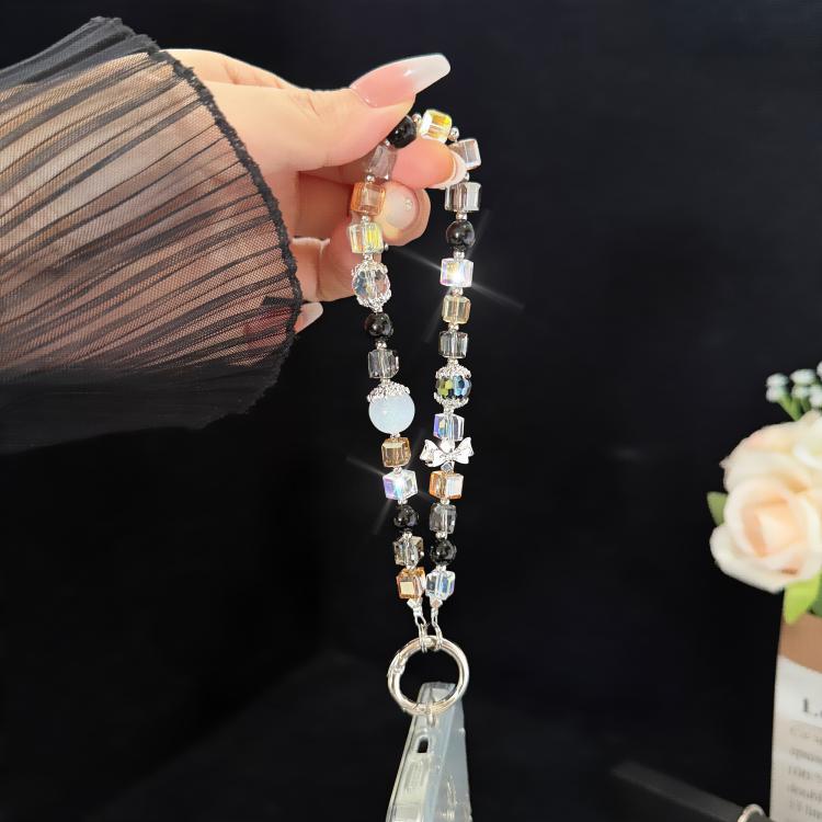 Corrente para telemóvel com cubo holográfico de cristal preto brilhante com laço, rosa, dourado