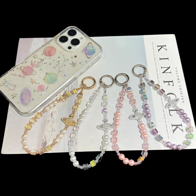 Corrente para telemóvel cubo iridescente Saturno retro elegante, dourado, rosa, branco, roxo