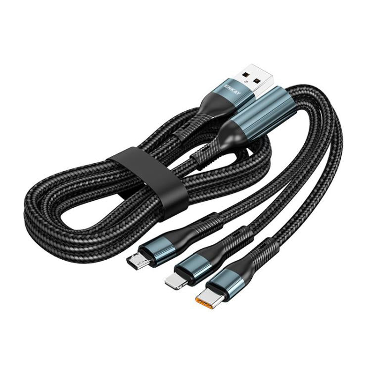 Cabo de Carregamento Rápido Nylon Trançado ENKAY 3 em 1 120W USB para 8 Pinos / Tipo-C / Micro USB, Comprimento: 1,2m, ENK-CB184