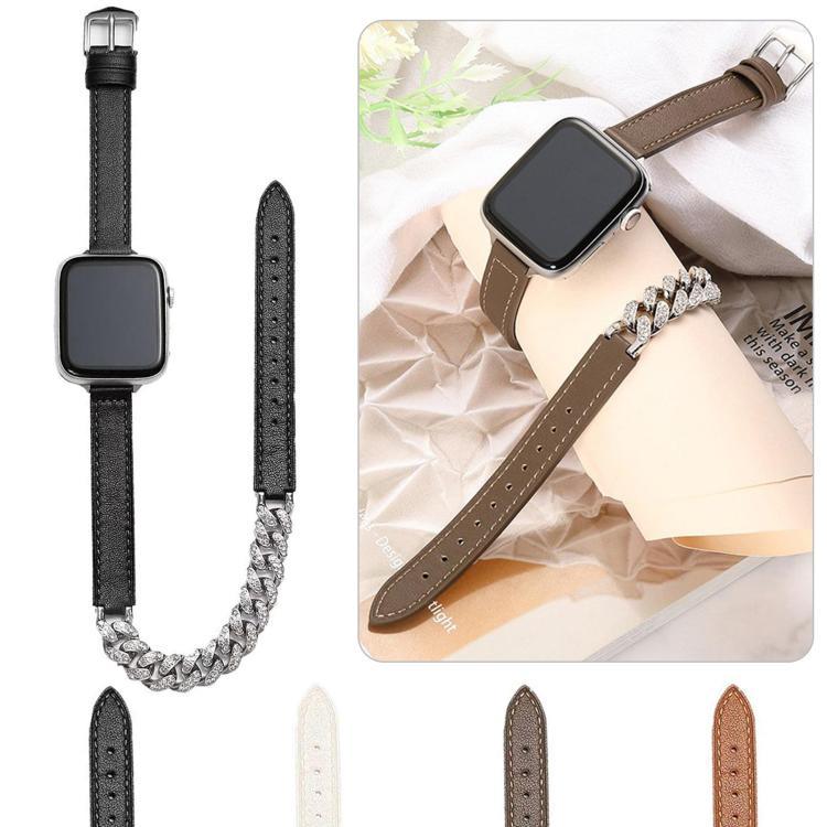 Pulseira de Relógio em Pele Genuína com Bracelete Cravejada de Diamantes, Para Apple Watch 46mm / 49mm / 45mm / 44mm, Para Apple Watch 42mm / 41mm / 40mm / 38mm