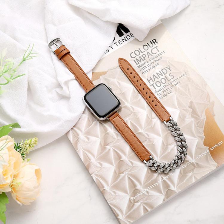Pulseira de Relógio em Pele Genuína com Bracelete Cravejada de Diamantes, Para Apple Watch 46mm / 49mm / 45mm / 44mm, Para Apple Watch 42mm / 41mm / 40mm / 38mm