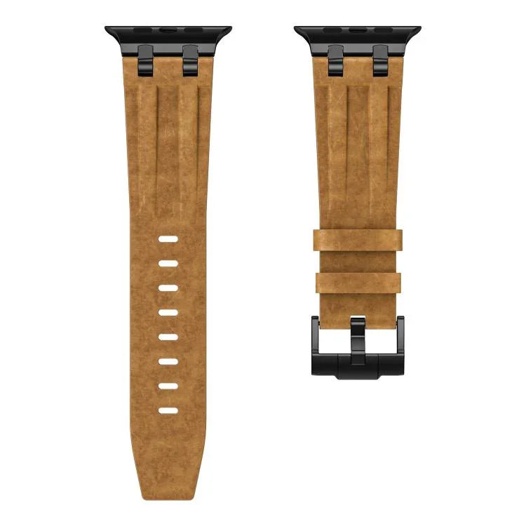 Correia de Relógio em Pele Vegana Crazy Horse com Fivela Preta em Aço Inoxidável, Para Apple Watch 46mm / 49mm / 45mm / 44mm