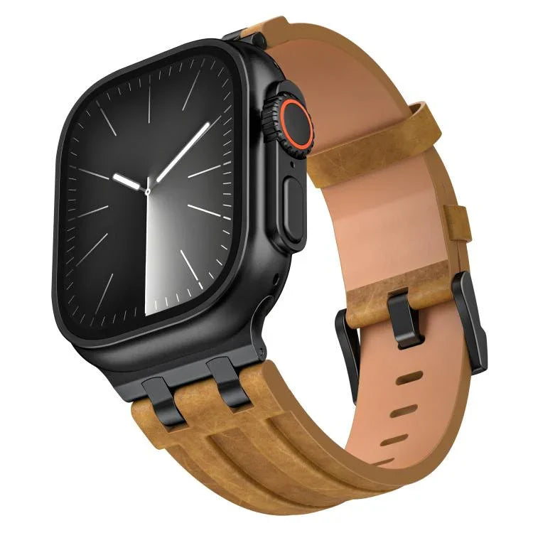 Correia de Relógio em Pele Vegana Crazy Horse com Fivela Preta em Aço Inoxidável, Para Apple Watch 46mm / 49mm / 45mm / 44mm