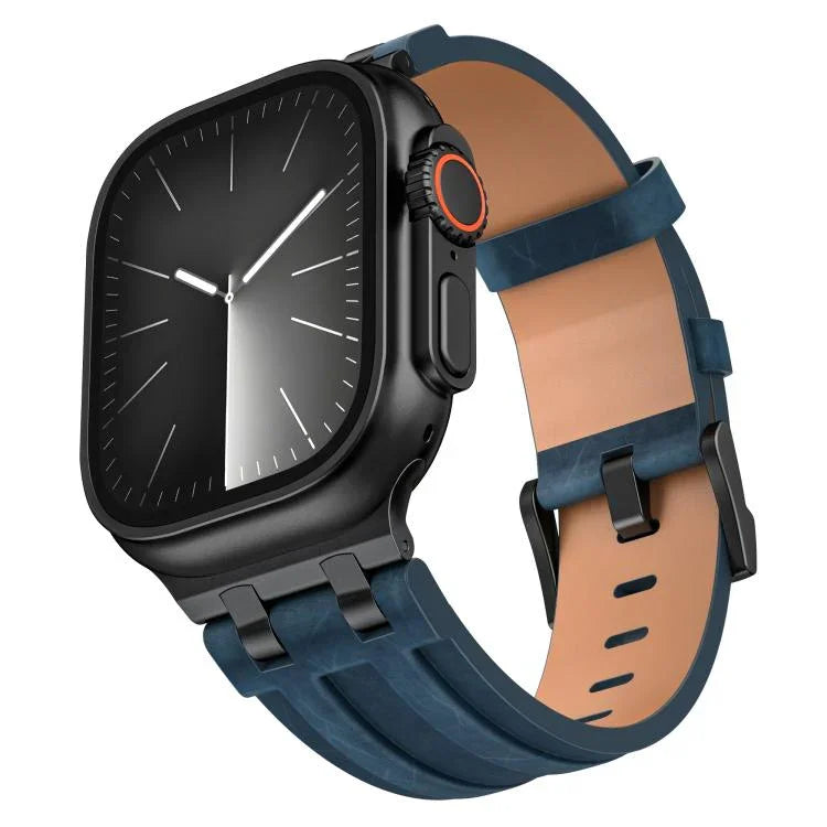 Correia de Relógio em Pele Vegana Crazy Horse com Fivela Preta em Aço Inoxidável, Para Apple Watch 46mm / 49mm / 45mm / 44mm