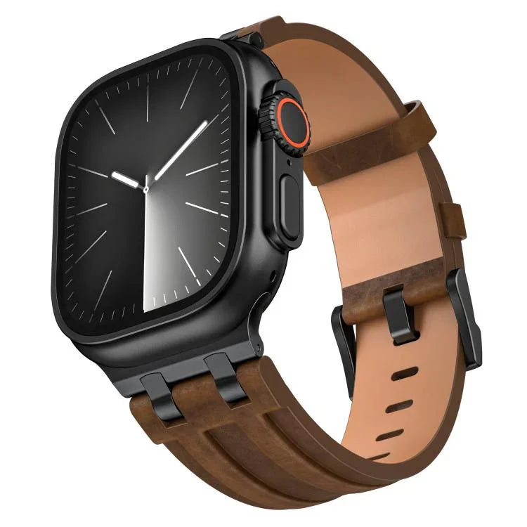 Correia de Relógio em Pele Vegana Crazy Horse com Fivela Preta em Aço Inoxidável, Para Apple Watch 46mm / 49mm / 45mm / 44mm
