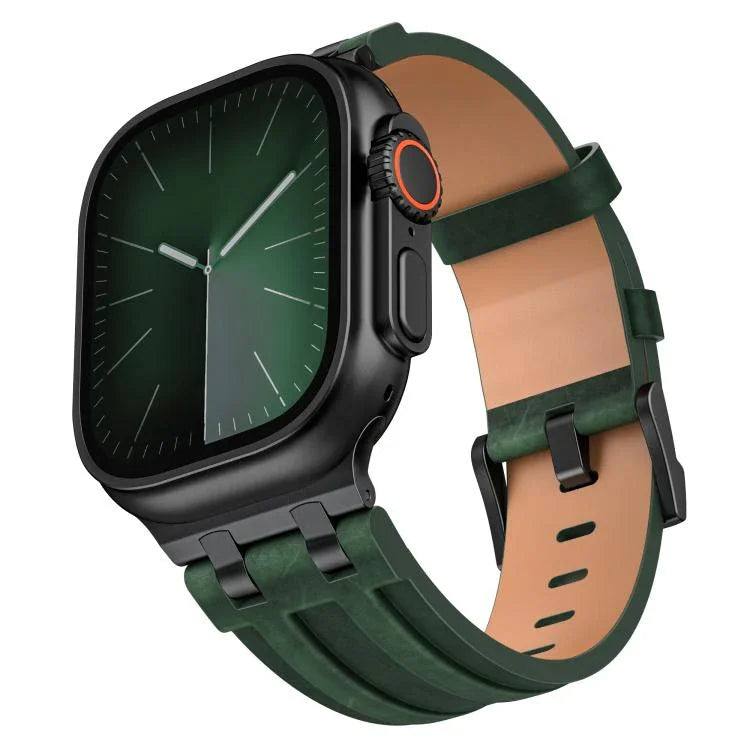 Correia de Relógio em Pele Vegana Crazy Horse com Fivela Preta em Aço Inoxidável, Para Apple Watch 46mm / 49mm / 45mm / 44mm