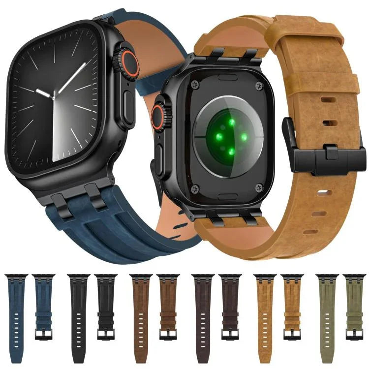 Correia de Relógio em Pele Vegana Crazy Horse com Fivela Preta em Aço Inoxidável, Para Apple Watch 46mm / 49mm / 45mm / 44mm