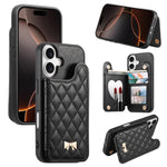 Capa para telemóvel carteira com bolsa para cartões em pele vegana, laço metálico e textura rombica espelhada, para iPhone 17 Pro Max, para iPhone 17 Pro, para iPhone 17, para iPhone 16 Pro Max, para iPhone 16 Pro, para iPhone 16 Plus, para iPhone 16