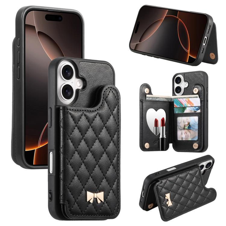 Capa para telemóvel carteira com bolsa para cartões em pele vegana, laço metálico e textura rombica espelhada, para iPhone 17 Pro Max, para iPhone 17 Pro, para iPhone 17, para iPhone 16 Pro Max, para iPhone 16 Pro, para iPhone 16 Plus, para iPhone 16