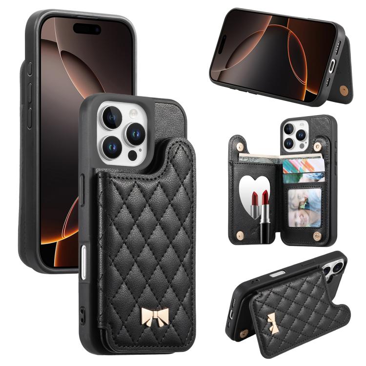Capa para telemóvel carteira com bolsa para cartões em pele vegana, laço metálico e textura rombica espelhada, para iPhone 17 Pro Max, para iPhone 17 Pro, para iPhone 17, para iPhone 16 Pro Max, para iPhone 16 Pro, para iPhone 16 Plus, para iPhone 16