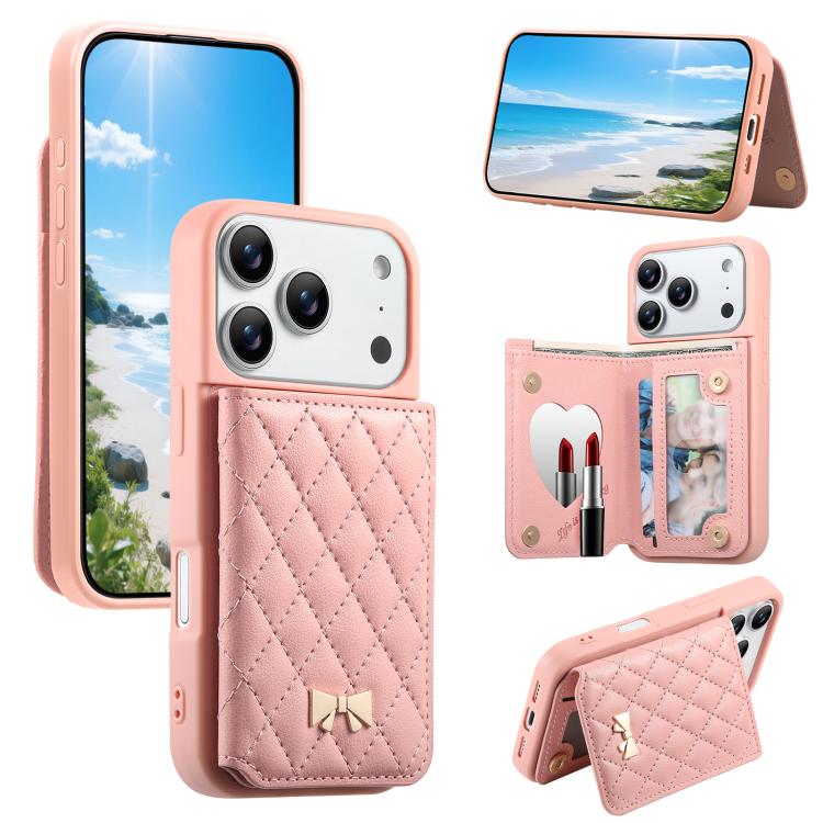 Capa para telemóvel carteira com bolsa para cartões em pele vegana, laço metálico e textura rombica espelhada, para iPhone 17 Pro Max, para iPhone 17 Pro, para iPhone 17, para iPhone 16 Pro Max, para iPhone 16 Pro, para iPhone 16 Plus, para iPhone 16