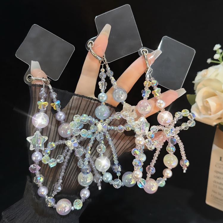Pulseira de Pérolas Douradas com Borboleta, Estrela de Cristal e Névoa, Vermelho, Laranja, Azul