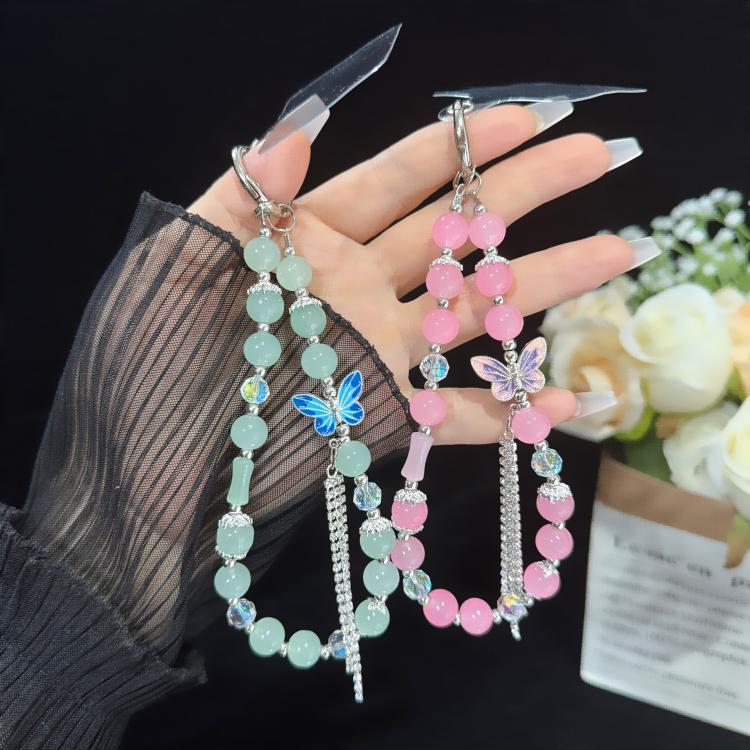 Pulseira de Algodão com Pérola e Borboleta, Rosa, Verde