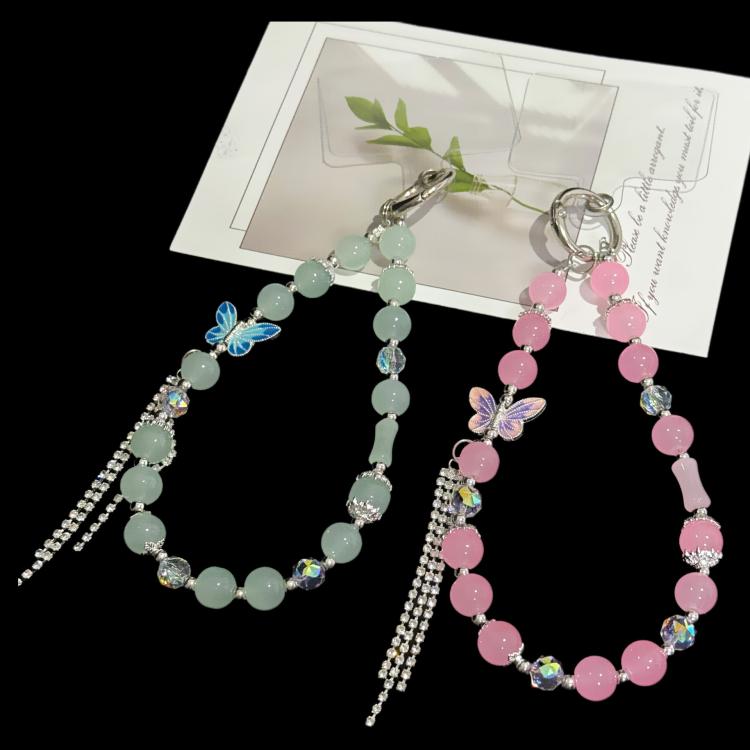 Pulseira de Algodão com Pérola e Borboleta, Rosa, Verde