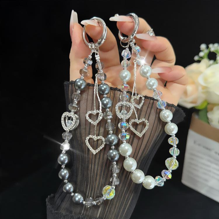 Colar de Pérolas com Coração e Tassel, Rosa, Verde, Azul, Cinzento, Branco