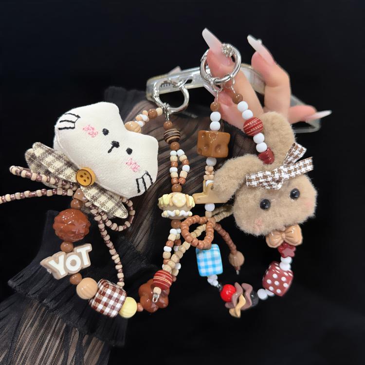 Fabric Kitten and Plush Rabbit Phone Charm, Gray, White
