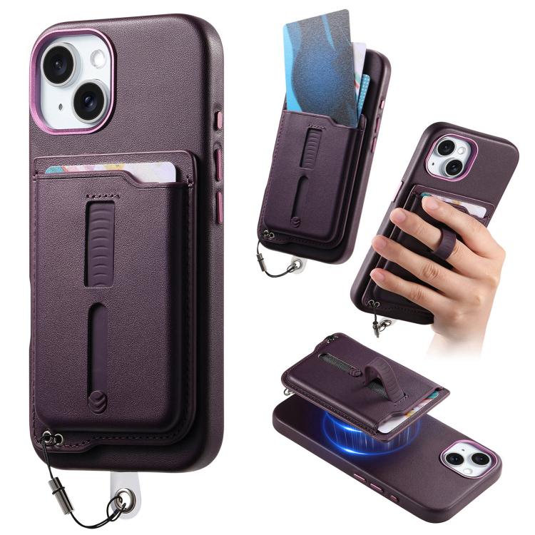 Capa de Telemóvel com Bolsa Magnética Destacável para Cartões, Anel de Dedo e Corda Anti-perda, Para iPhone 14, Para iPhone 14 Pro, Para iPhone 14 Pro Max