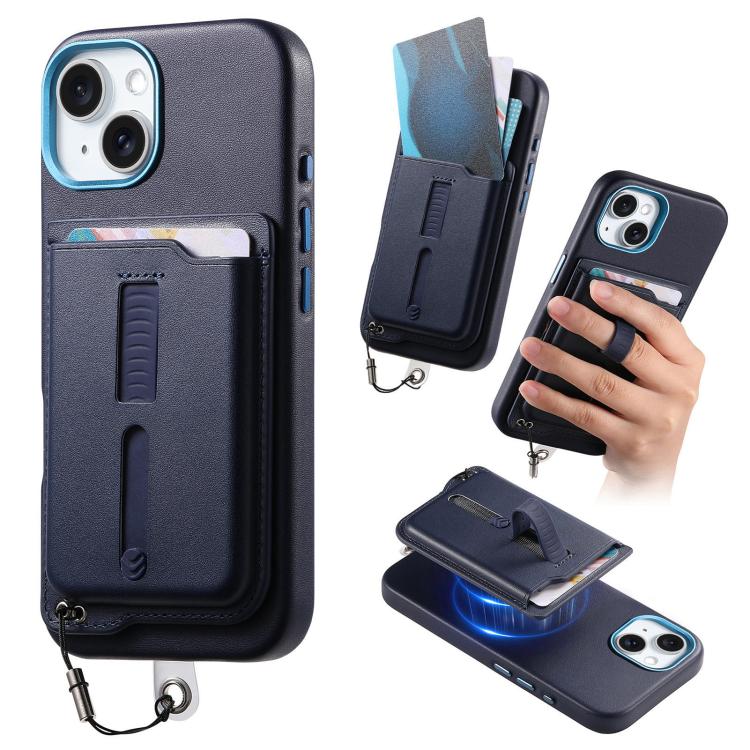 Capa de Telemóvel com Bolsa Magnética Destacável para Cartões, Anel de Dedo e Corda Anti-perda, Para iPhone 14, Para iPhone 14 Pro, Para iPhone 14 Pro Max