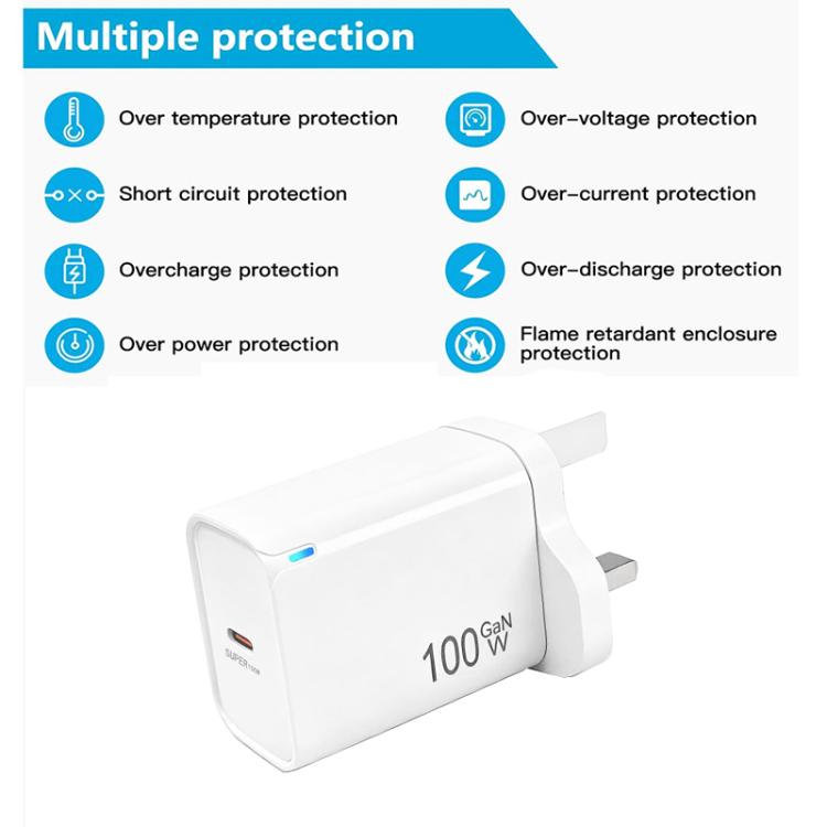 Carregador TE-PD46 GaN 100W PD 45W Totalmente Compatível com Cabo de Dados Type-C para Type-C, Ficha UK