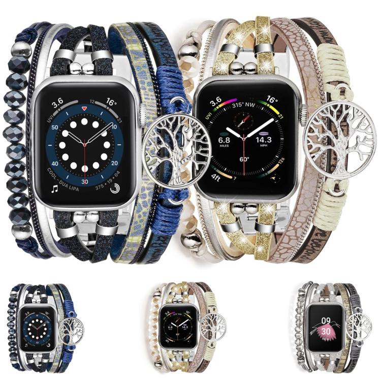 Correia de Relógio em Pele Genuína Metálica com Pendente Árvore da Vida, Para Apple Watch 46mm / 49mm / 45mm / 44mm, Para Apple Watch 42mm / 41mm / 40mm / 38mm