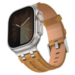 Correia de relógio em pele vegana Crazy Horse com fivela prateada em aço inoxidável, para Apple Watch 46mm / 49mm / 45mm / 44mm
