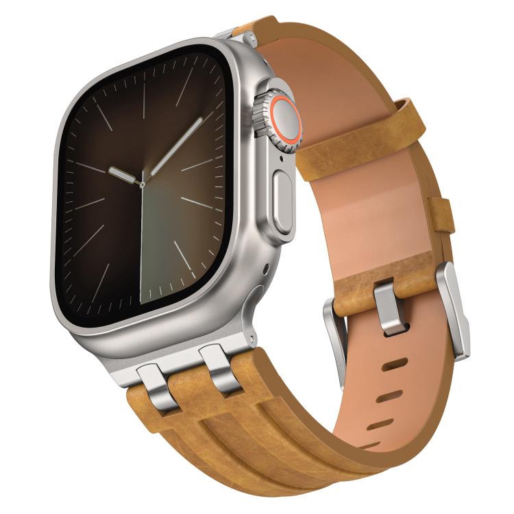 Correia de relógio em pele vegana Crazy Horse com fivela prateada em aço inoxidável, para Apple Watch 46mm / 49mm / 45mm / 44mm