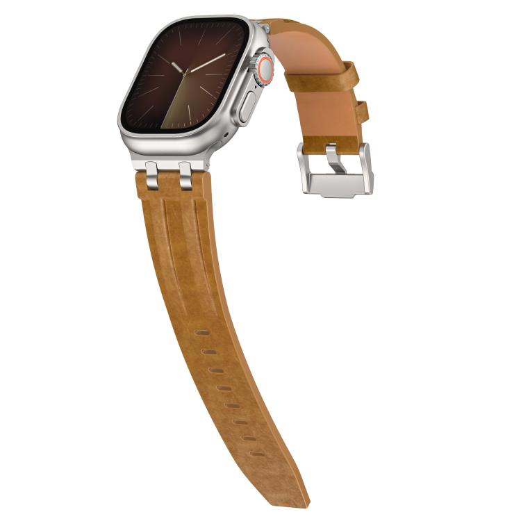 Correia de relógio em pele vegana Crazy Horse com fivela prateada em aço inoxidável, para Apple Watch 46mm / 49mm / 45mm / 44mm