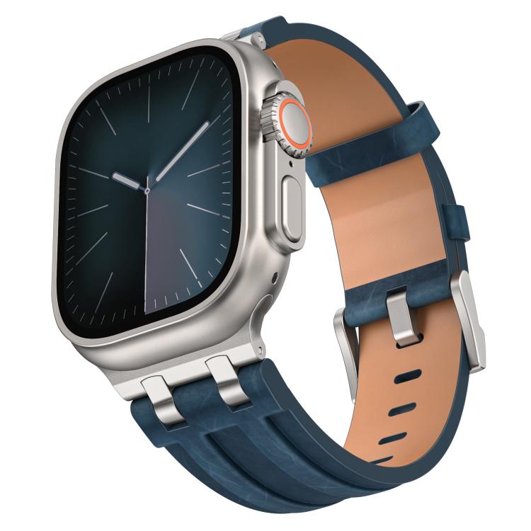 Correia de relógio em pele vegana Crazy Horse com fivela prateada em aço inoxidável, para Apple Watch 46mm / 49mm / 45mm / 44mm
