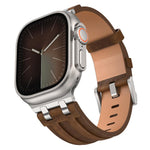 Correia de relógio em pele vegana Crazy Horse com fivela prateada em aço inoxidável, para Apple Watch 46mm / 49mm / 45mm / 44mm
