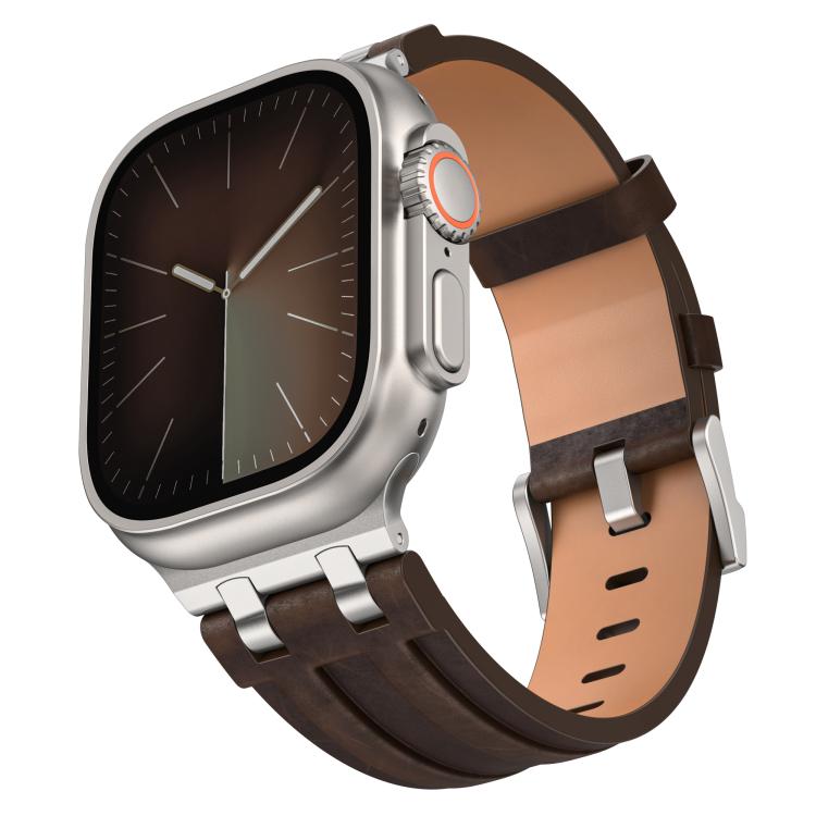 Correia de relógio em pele vegana Crazy Horse com fivela prateada em aço inoxidável, para Apple Watch 46mm / 49mm / 45mm / 44mm