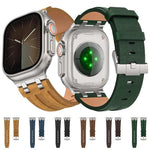 Correia de relógio em pele vegana Crazy Horse com fivela prateada em aço inoxidável, para Apple Watch 46mm / 49mm / 45mm / 44mm