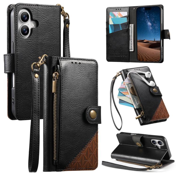 Capa para telemóvel carteira com fecho e costura em pele vegana com alça, para iPhone 17 Pro Max, para iPhone 17 Pro, para iPhone 17, para iPhone Air, para iPhone 16 Pro Max, para iPhone 16 Pro, para iPhone 16 Plus, para iPhone 16