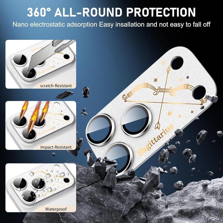 Para iPhone 17 Pro Max Doze Constelações Armadura Filme Integrado de Metal Fosco de Cobertura Total para Lente da Câmara, Carneiro, Virgem, Touro, Caranguejo, Capricórnio, Sagitário, Leão, Peixes, Gémeos, Aquário, Balança, Escorpião
