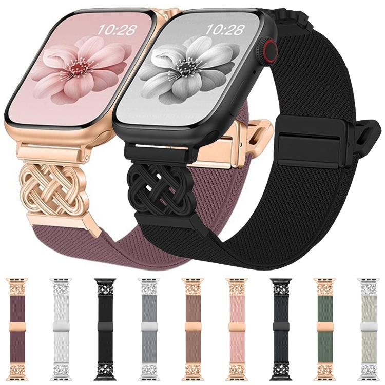Correia de relógio em nylon elástico com fivela magnética nó chinês e sarja, para Apple Watch 49mm / 46mm / 45mm / 44mm, para Apple Watch 42mm / 41mm / 40mm / 38mm