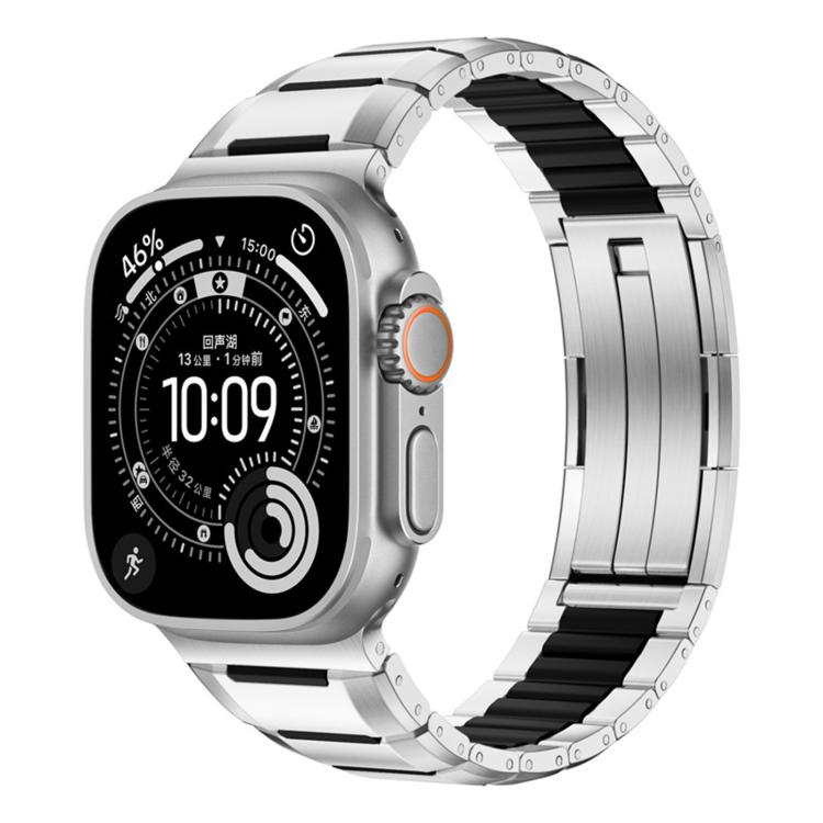 Correia de relógio em aço inoxidável com incrustação de borracha multifacetada, para Apple Watch 46mm / 49mm / 45mm / 44mm, para Apple Watch 42mm / 41mm / 40mm / 38mm