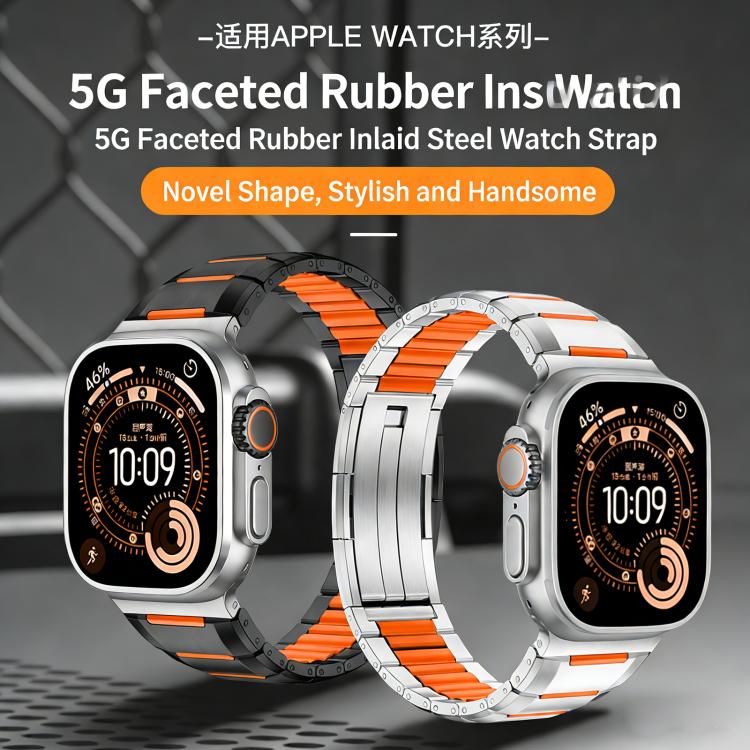 Correia de relógio em aço inoxidável com incrustação de borracha multifacetada, para Apple Watch 46mm / 49mm / 45mm / 44mm, para Apple Watch 42mm / 41mm / 40mm / 38mm