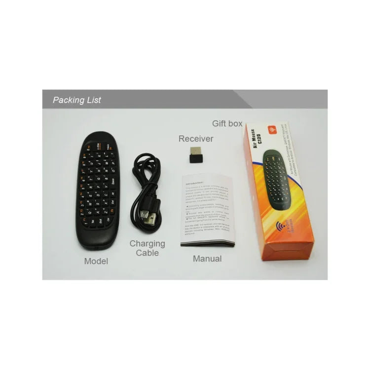 Teclado Mini Sem Fios C120 2.4G com Rato Remoto e 3 Giroscópios & 3 Sensores de Gravidade para PC / HTPC / IPTV / Smart TV e Android TV Box etc
