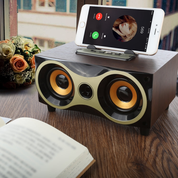 Coluna Sem Fios Portátil de Madeira Subwoofer Estéreo Rádio FM Colunas Bluetooth de Secretária, Madeira Castanha