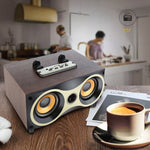 Coluna Sem Fios Portátil de Madeira Subwoofer Estéreo Rádio FM Colunas Bluetooth de Secretária, Madeira Castanha