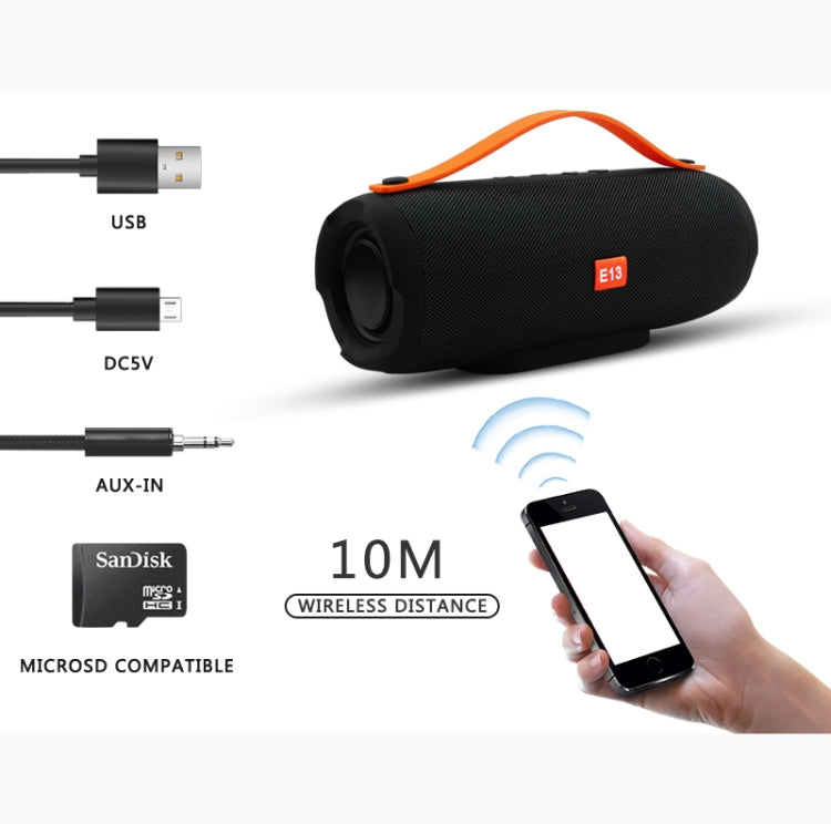 Coluna Bluetooth estéreo portátil sem fios E13 com altifalante, rádio, subwoofer, TF FM, VERMELHO, AZUL, PRETO