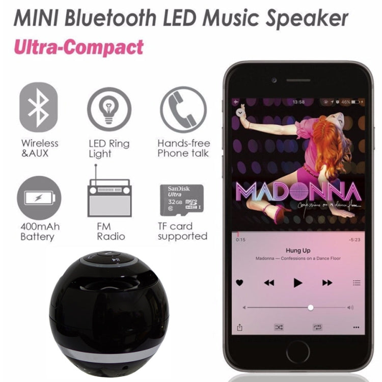 Coluna Bluetooth T&G A18 em forma de bola com luz LED Coluna portátil sem fios mini Música móvel MP3 Subwoofer Suporta TF, PRETO, AZUL, ROSA, BRANCO