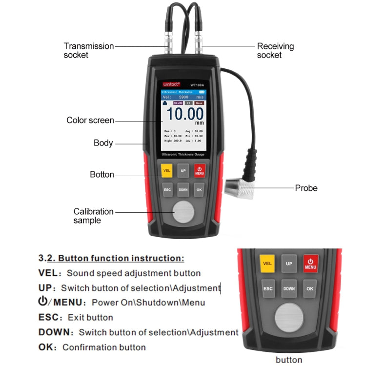 Medidor Digital Ultrassónico de Espessura WT100A, Testador de Espessura de Metal com Carregamento USB, Alta Precisão, WT100A