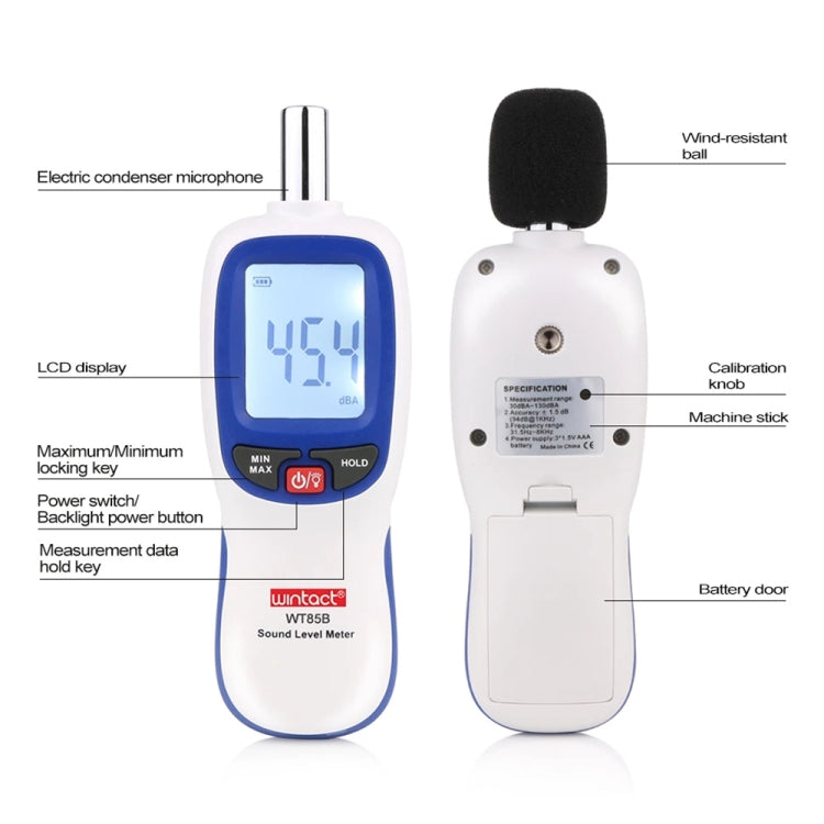 Medidor Digital de Nível Sonoro WT85B, Medidor Digital de Decibéis, Medidor de Ruído Ambiental, WT85B Branco, WT85B Preto