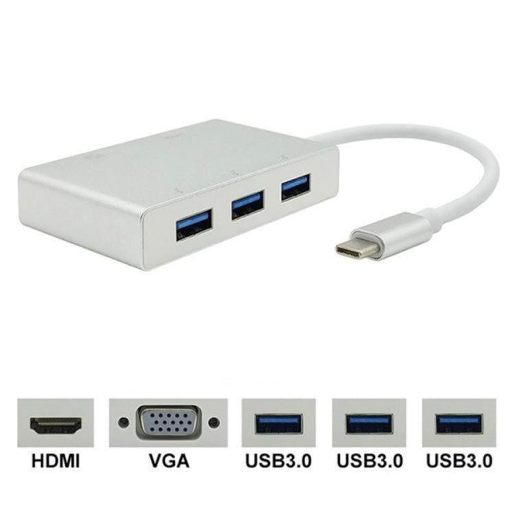 Adaptador hub USB C para HDMI VGA USB 5 em 1 conversor USB 3.1 para portátil MacBook, ChromeBook Pixel, Huawei MateBook, HDMI+VGA+3xUSB3.0 para Type-C
