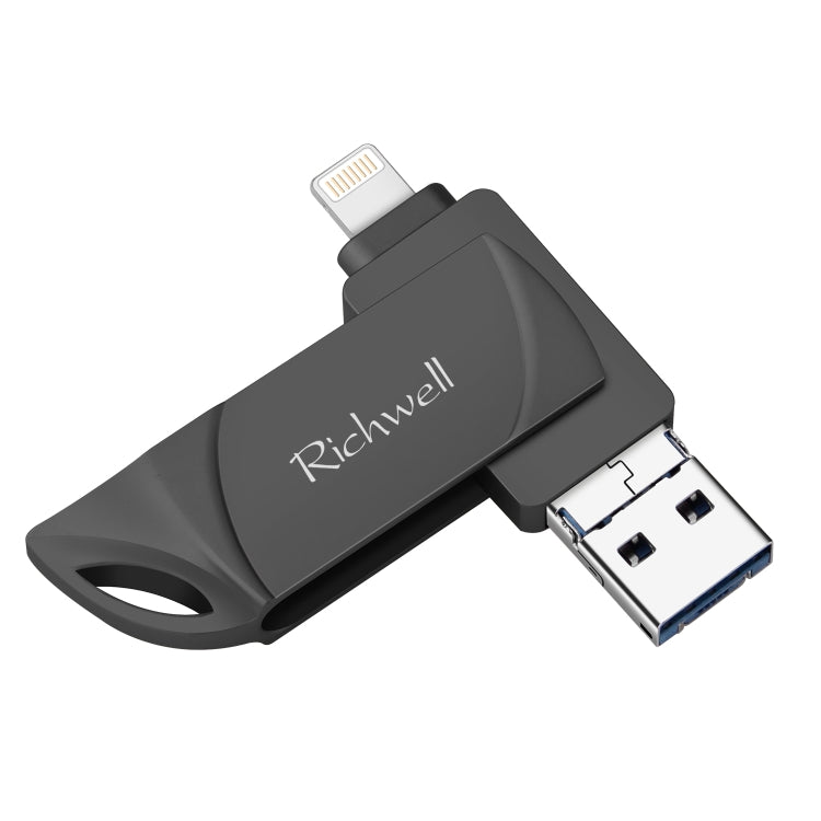 Richwell DXZ128 Pen Drive USB 128G 3 em 1 Micro USB + 8 Pinos + USB 3.0 Compatível com iPhone e iOS, Preto, Prateado, Ouro Rosa