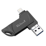 Richwell DXZ128 Pen Drive USB 128G 3 em 1 Micro USB + 8 Pinos + USB 3.0 Compatível com iPhone e iOS, Preto, Prateado, Ouro Rosa