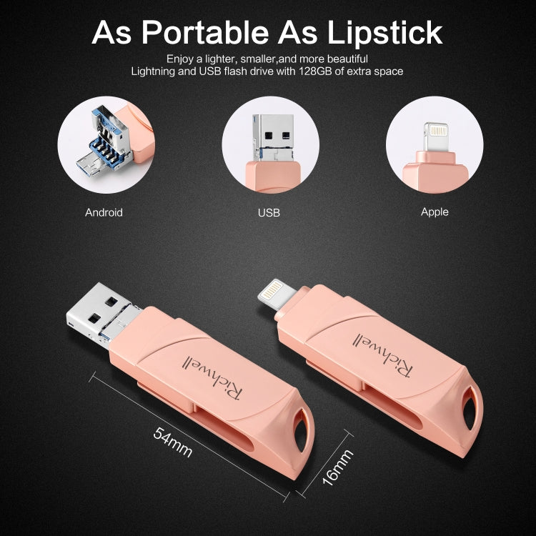 Richwell DXZ128 Pen Drive USB 128G 3 em 1 Micro USB + 8 Pinos + USB 3.0 Compatível com iPhone e iOS, Preto, Prateado, Ouro Rosa